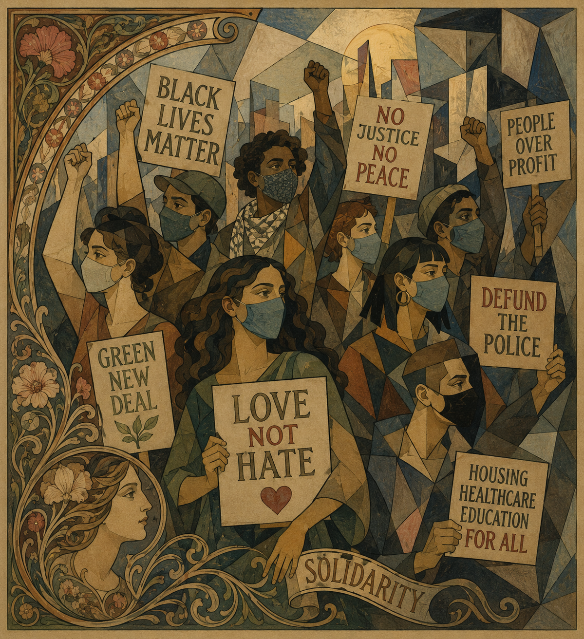 Stylized illustration of activists holding protest signs
