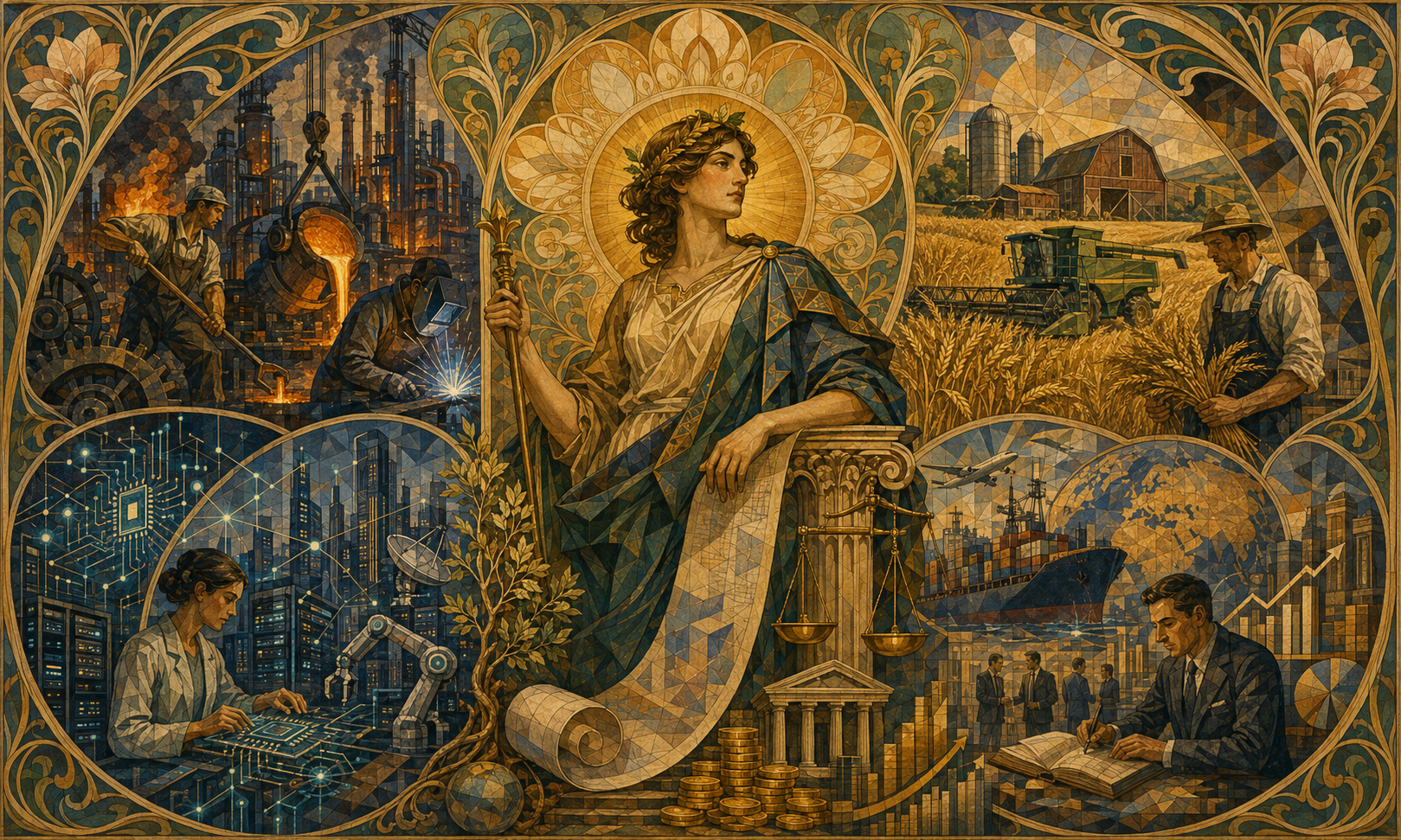 An Art Nouveau mosaic of industry, agriculture, technology, trade, finance, and justice