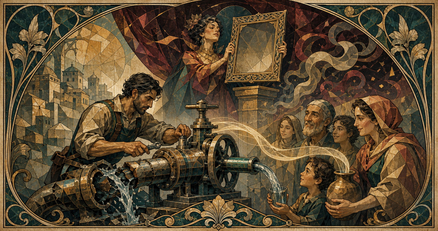 An Art Nouveau allegory contrasting an entrepreneur repairing a useful water mechanism with an ornate storyteller holding an empty frame