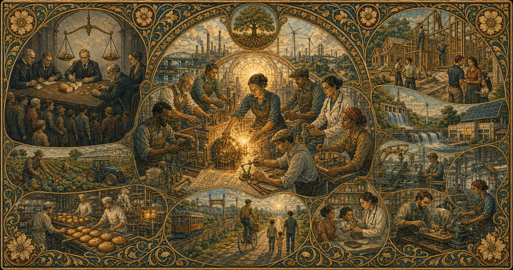 An Art Nouveau allegory contrasting officials dividing a fixed loaf with workers expanding housing, energy, food, medicine, and productive capability