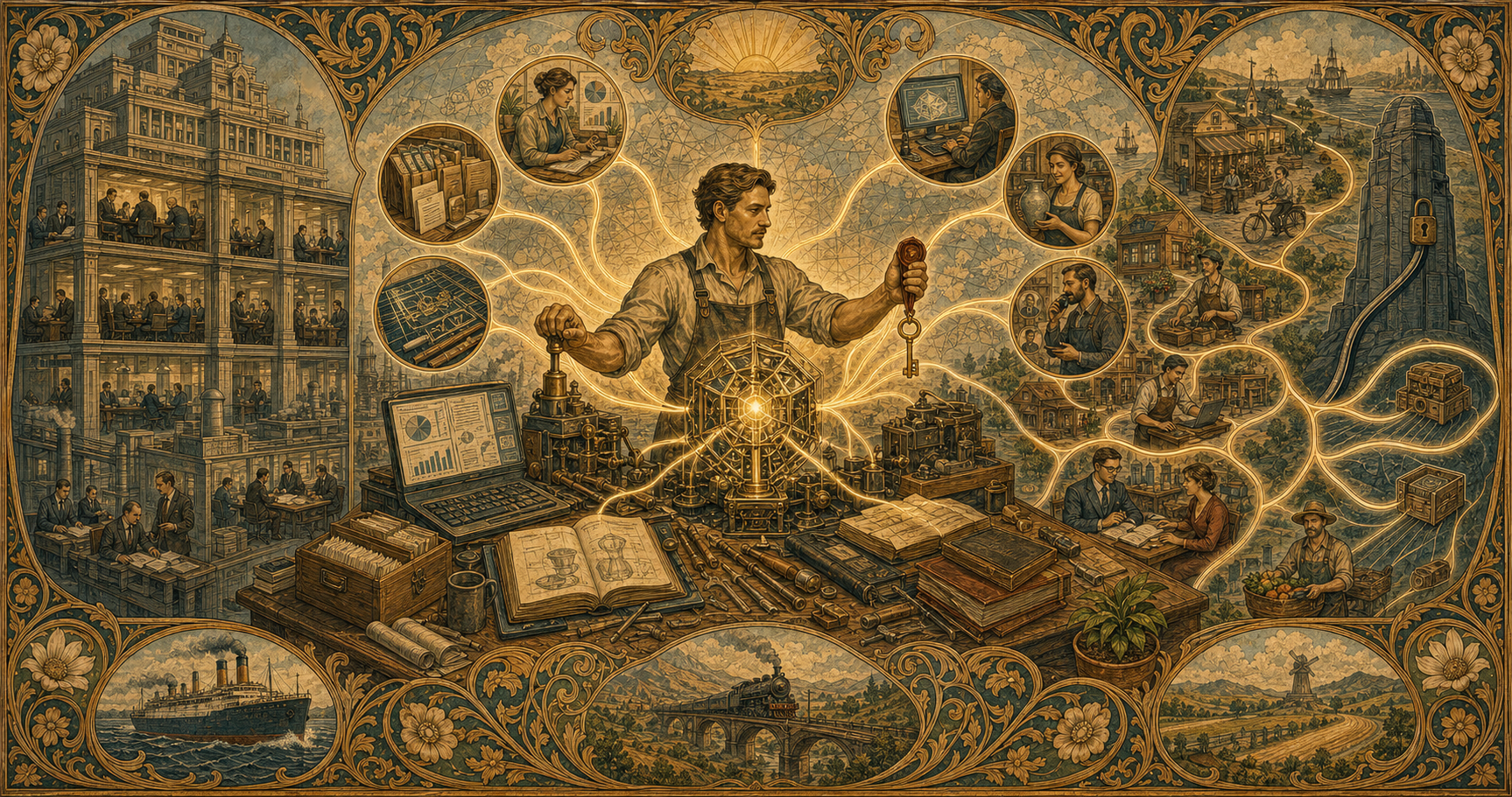 An Art Nouveau allegory of an independent operator directing an AI instrument while retaining ownership, customer relationships, data, and responsibility