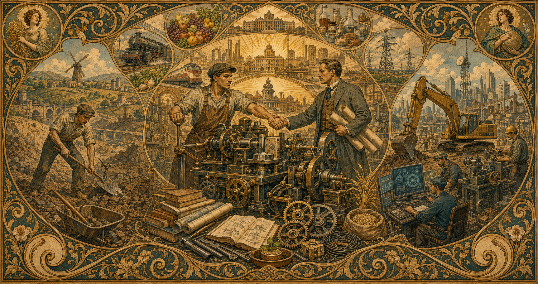 An Art Nouveau allegory of a skilled worker and investor joining around machinery that multiplies labor through energy, knowledge, and infrastructure