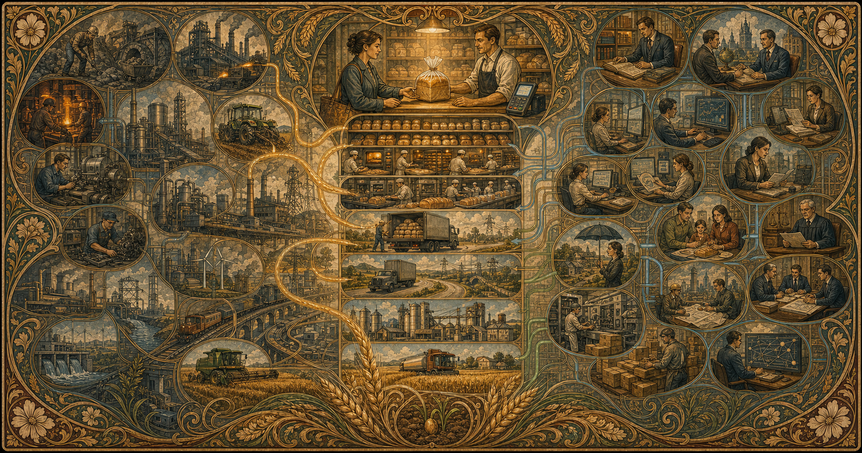 An old-world illustration tracing the productive systems behind an ordinary purchase