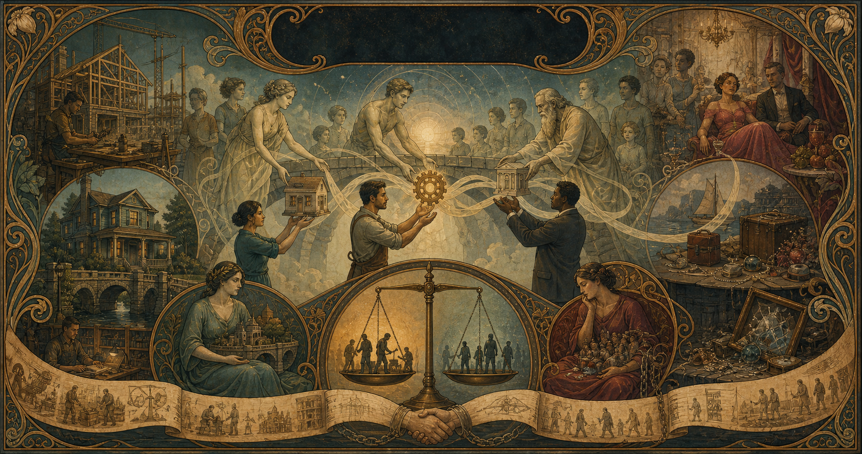 An Art Nouveau allegory of households, businesses, and civic stewards balancing present borrowing against future labor, taxes, assets, and freedom
