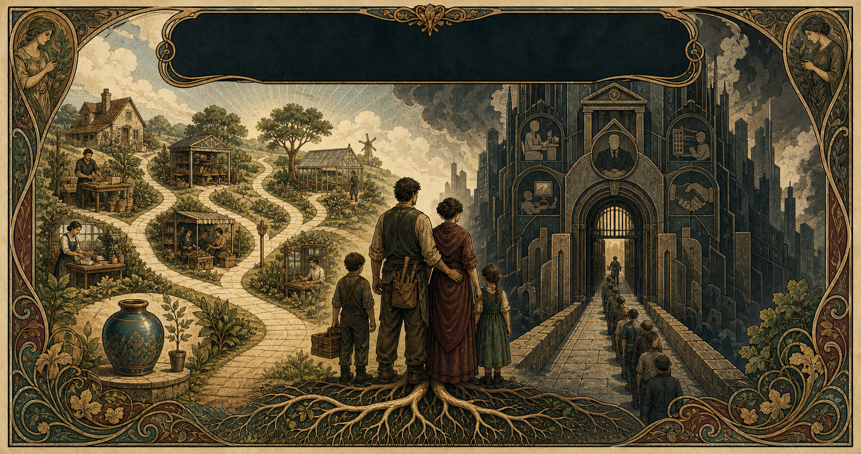 An Art Nouveau allegory contrasting many paths through savings, ownership, skills, and enterprise with dependence upon one institutional gate