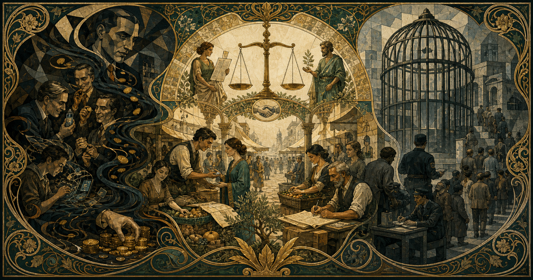 An Art Nouveau allegory contrasting ordered economic freedom with deceptive market predation and coercive state control