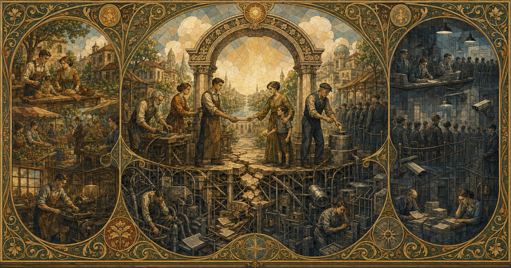 An Art Nouveau allegory of responsible citizens supporting an open civic arch while abandoned duties give rise to bureaucratic control