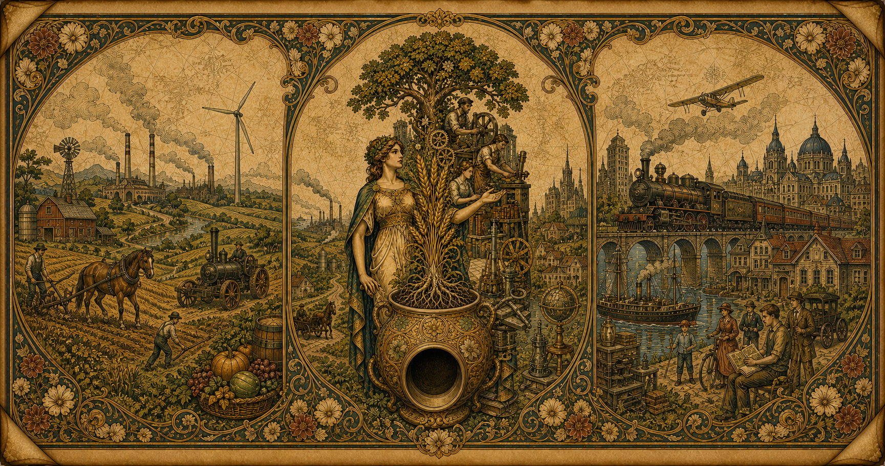 An Art Nouveau allegory contrasting an empty ornate vessel with a living system of production, knowledge, agriculture, industry, and trade