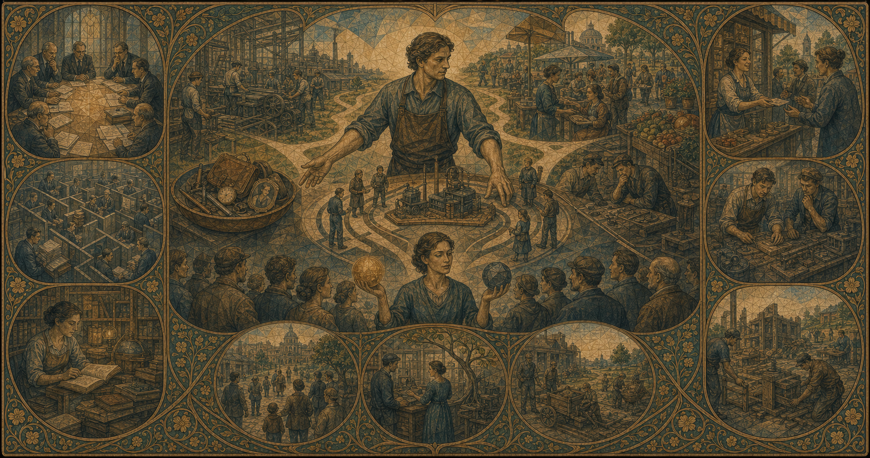 An Art Nouveau allegory of an entrepreneur committing savings, tools, reputation, and labor before customers and several possible futures