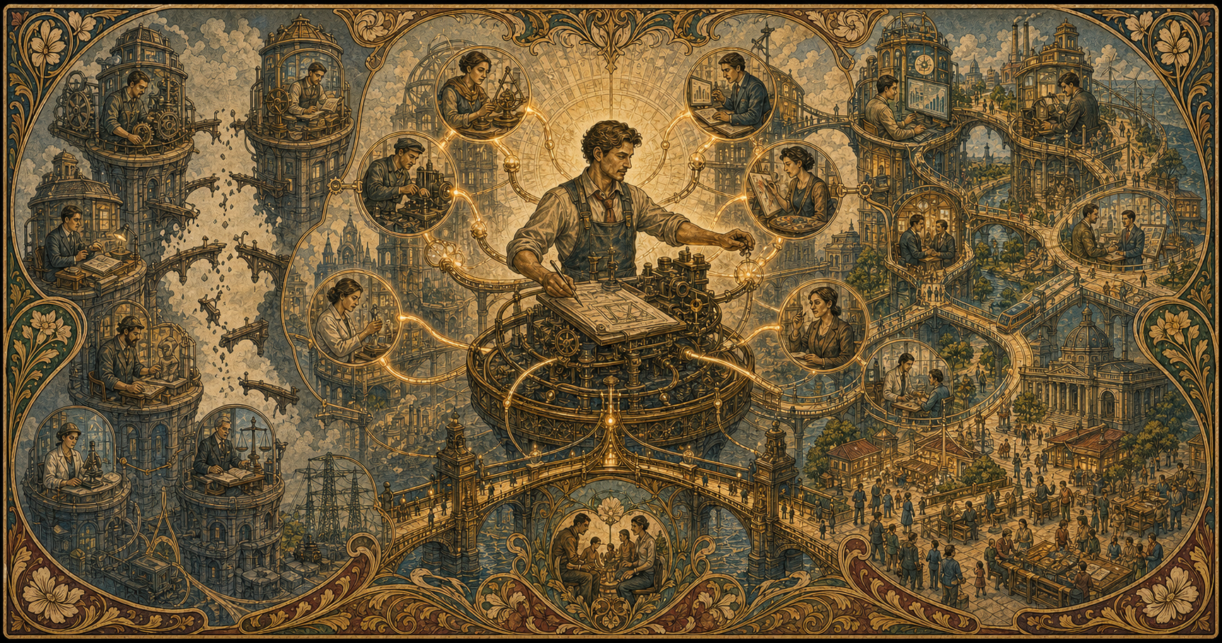A civilizational illustration connecting technical, creative, and institutional disciplines