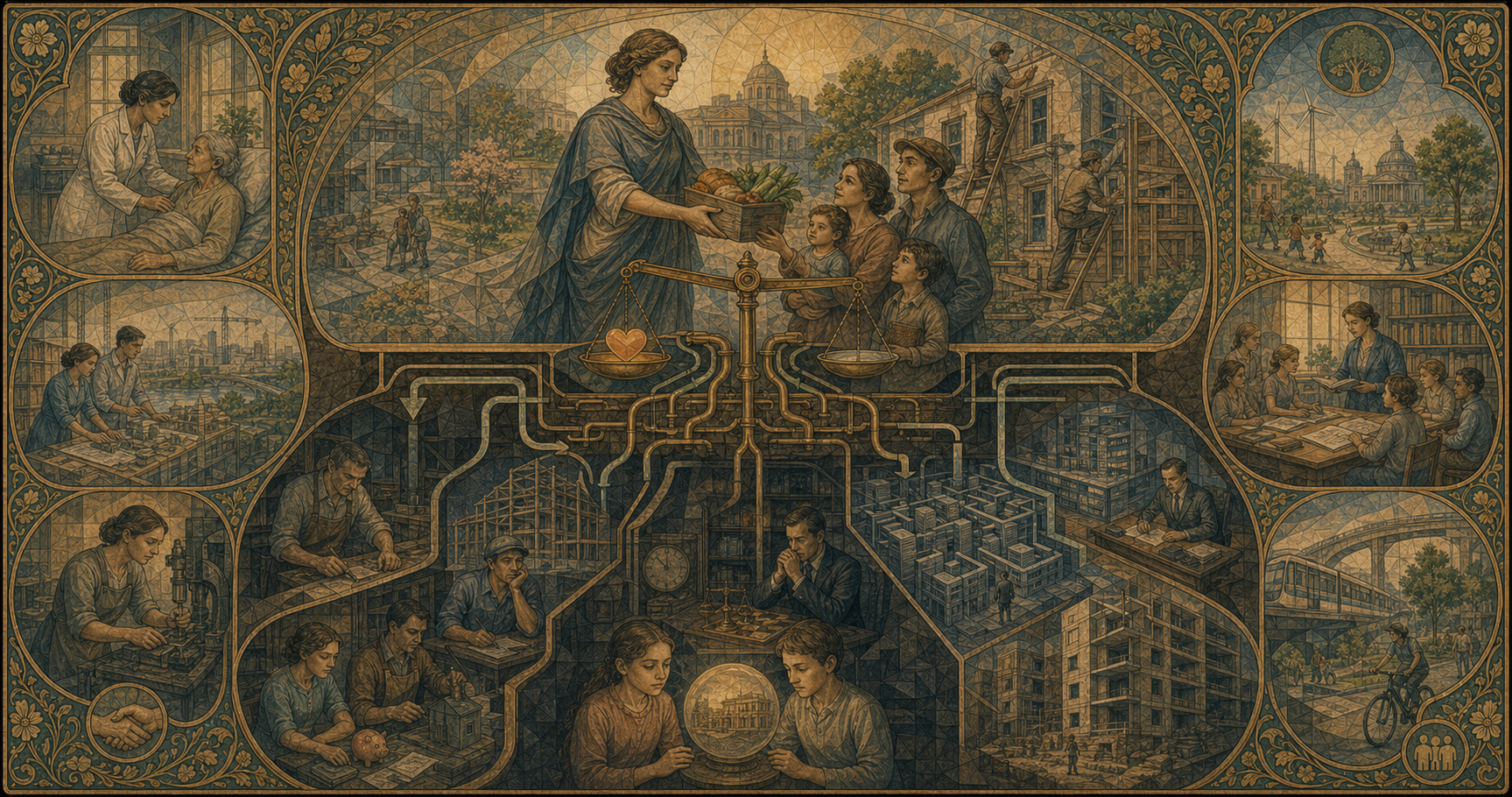 An Art Nouveau allegory of compassionate public aid above a hidden system of displaced savings, delayed construction, compliance, and future obligations