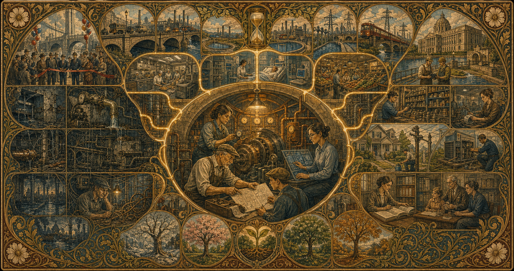 An Art Nouveau allegory of skilled workers maintaining the mechanical and digital heart of a functioning city across generations