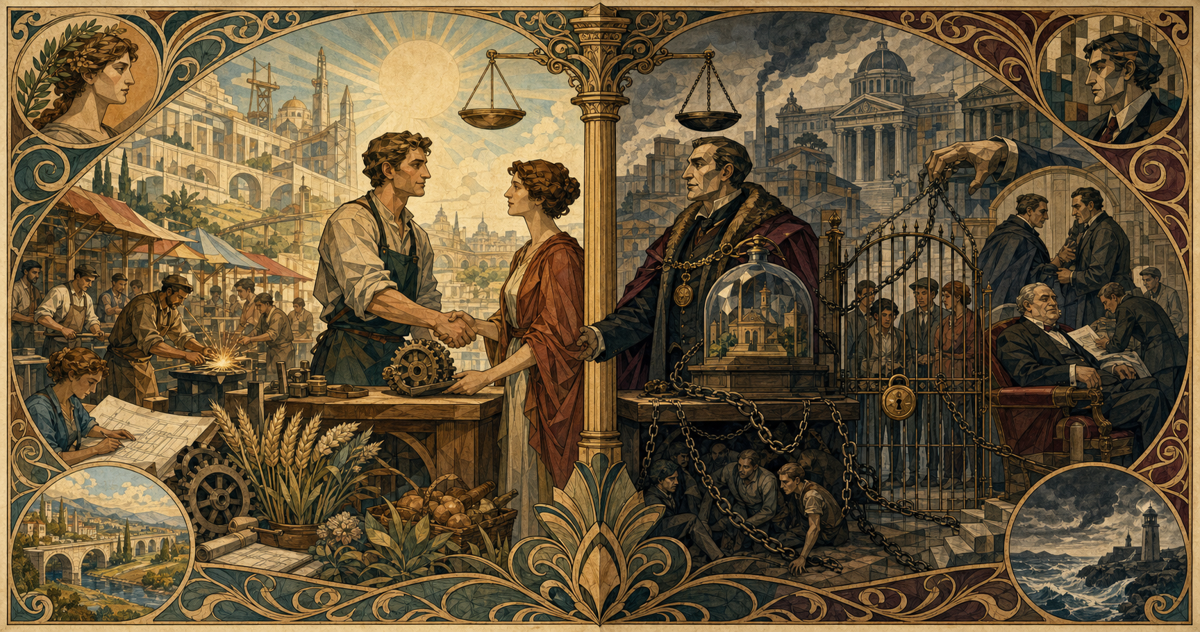 An Art Nouveau allegory contrasting voluntary productive exchange with coercive gain through chains, locked competition, and political privilege