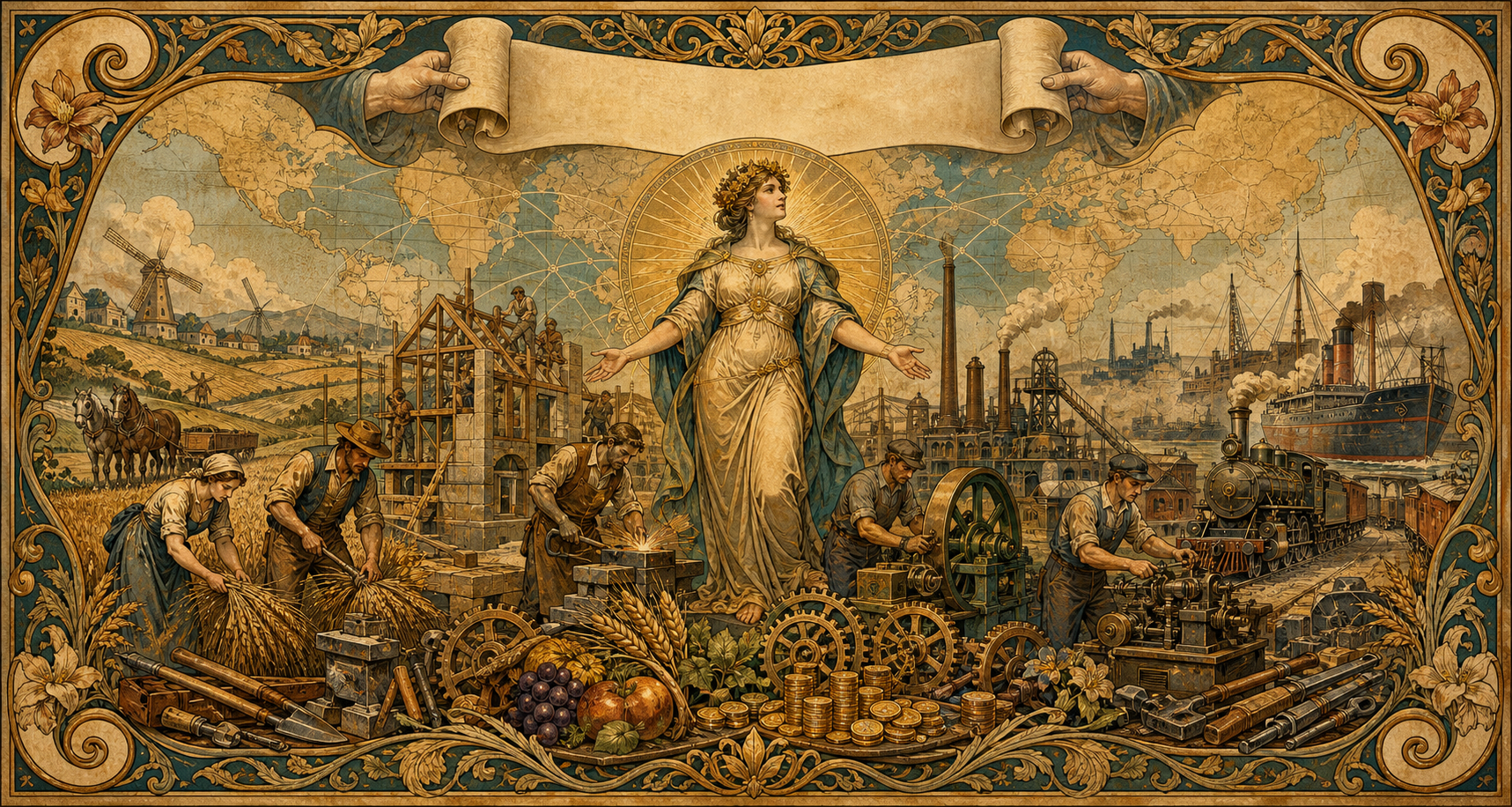 An Art Nouveau allegory of agriculture, building, industry, transport, and capital supporting a blank political proclamation