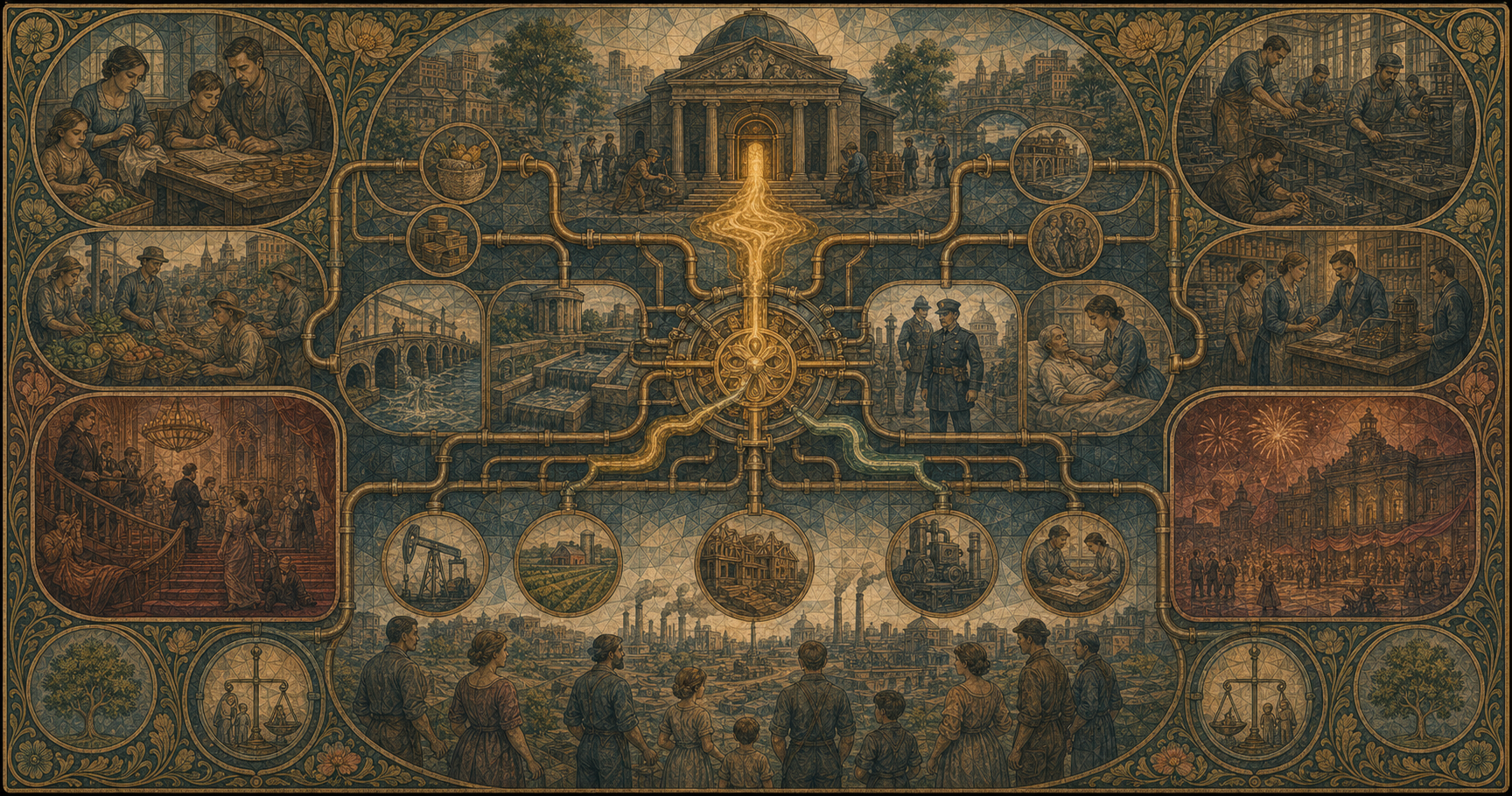 An Art Nouveau allegory of a civic treasury circulating the same finite labor, materials, savings, and future claims between public and private uses