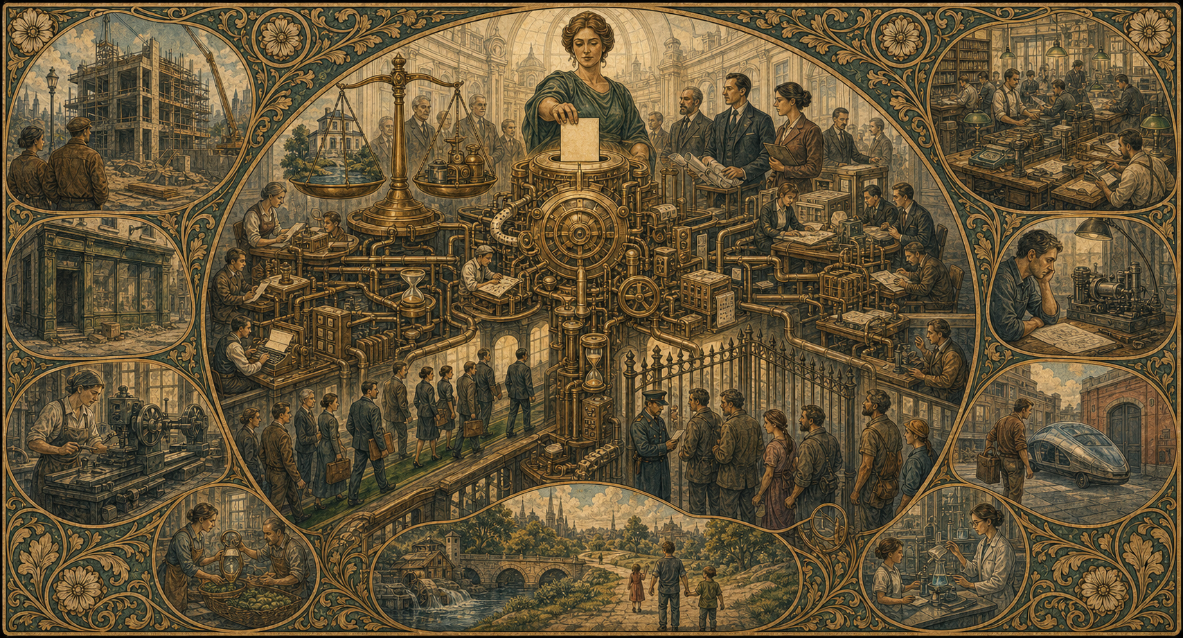 An old-world illustration of regulation moving through institutions, businesses, and communities