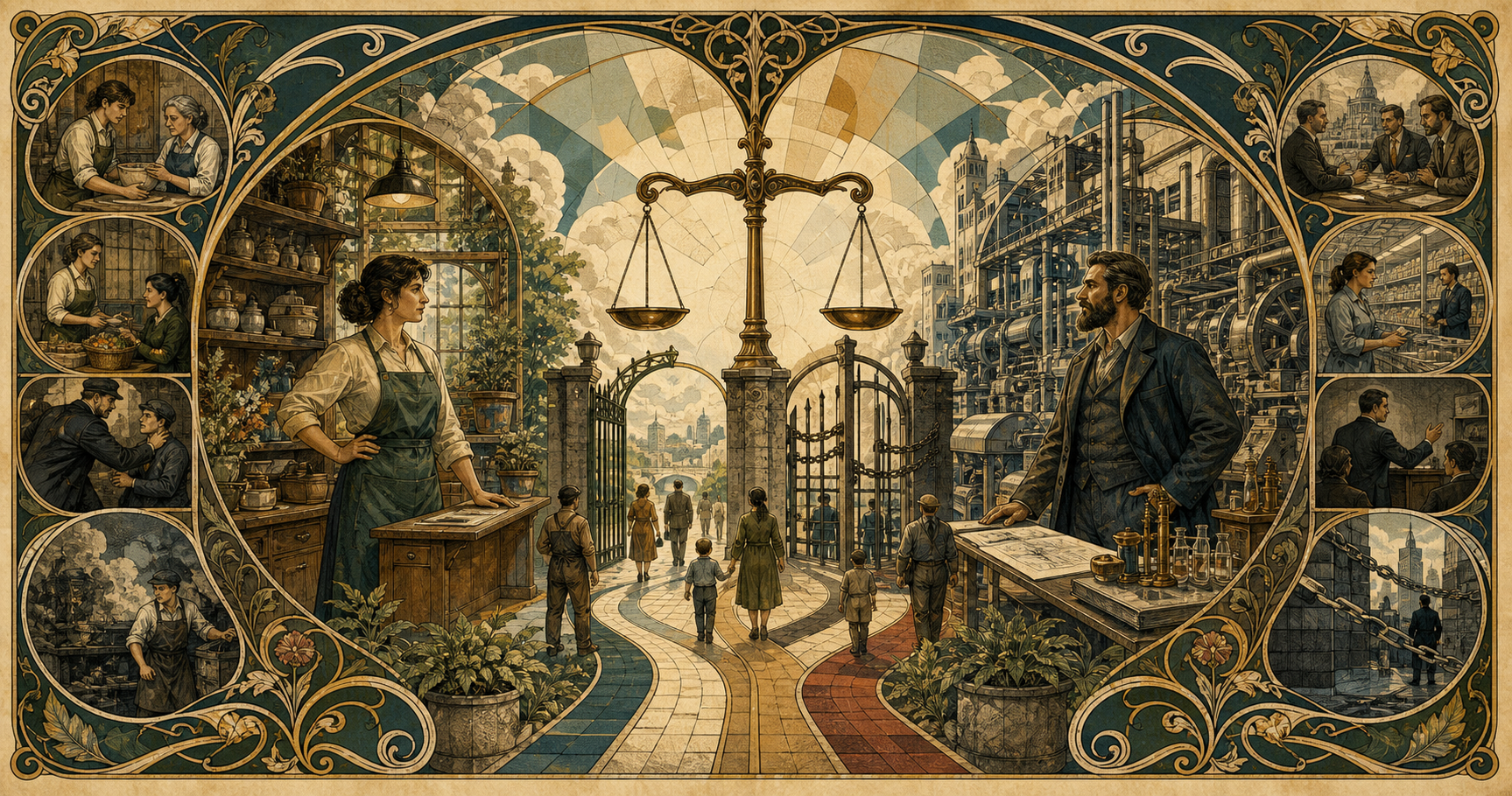 An Art Nouveau allegory placing a small shop and a large industrial enterprise before the same scales of conduct and accountability