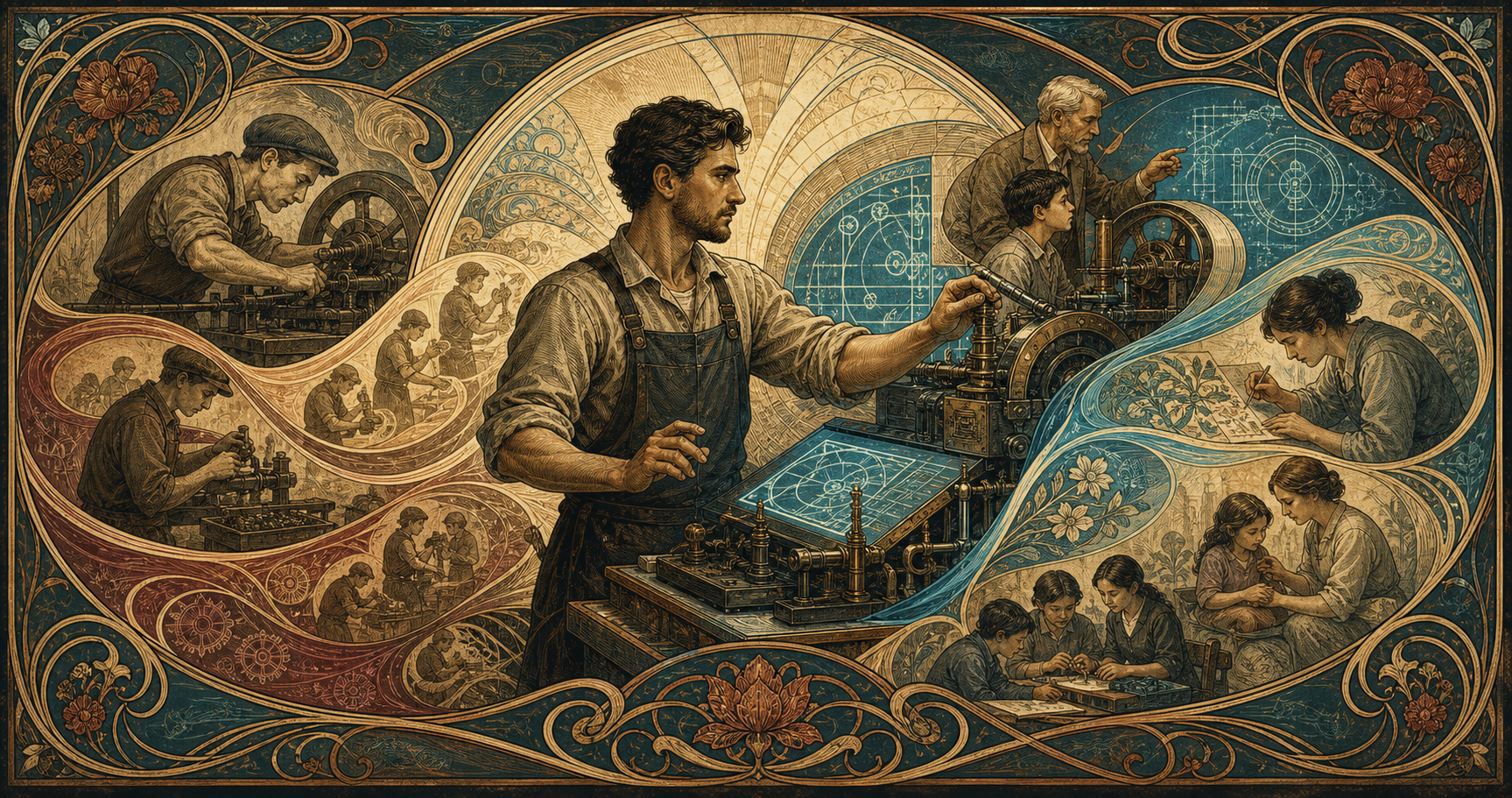 An Art Nouveau allegory of a craftsperson using a powerful technological instrument to move from repetitive labor toward judgment, design, teaching, and care