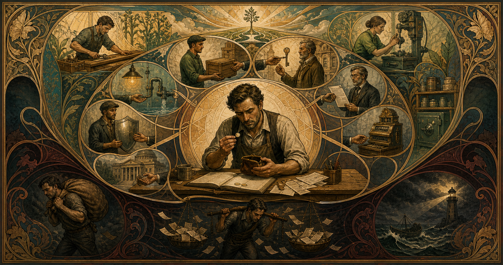 An Art Nouveau allegory of a business owner receiving the final small residual after workers, vendors, lenders, utilities, insurers, and government are paid