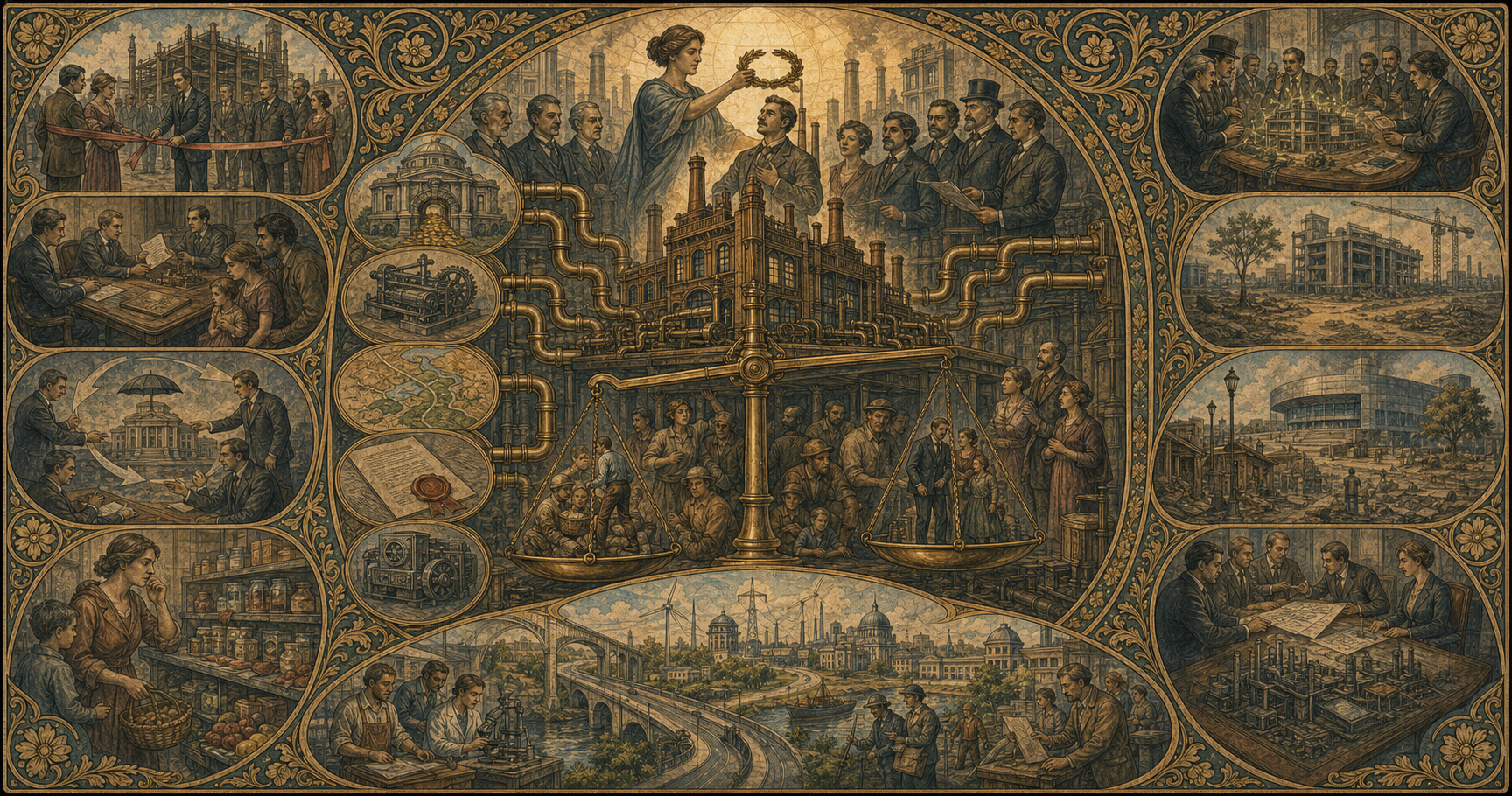 An Art Nouveau allegory of a civic authority directing public credit and protection toward one favored factory while taxpayers and competitors bear the cost