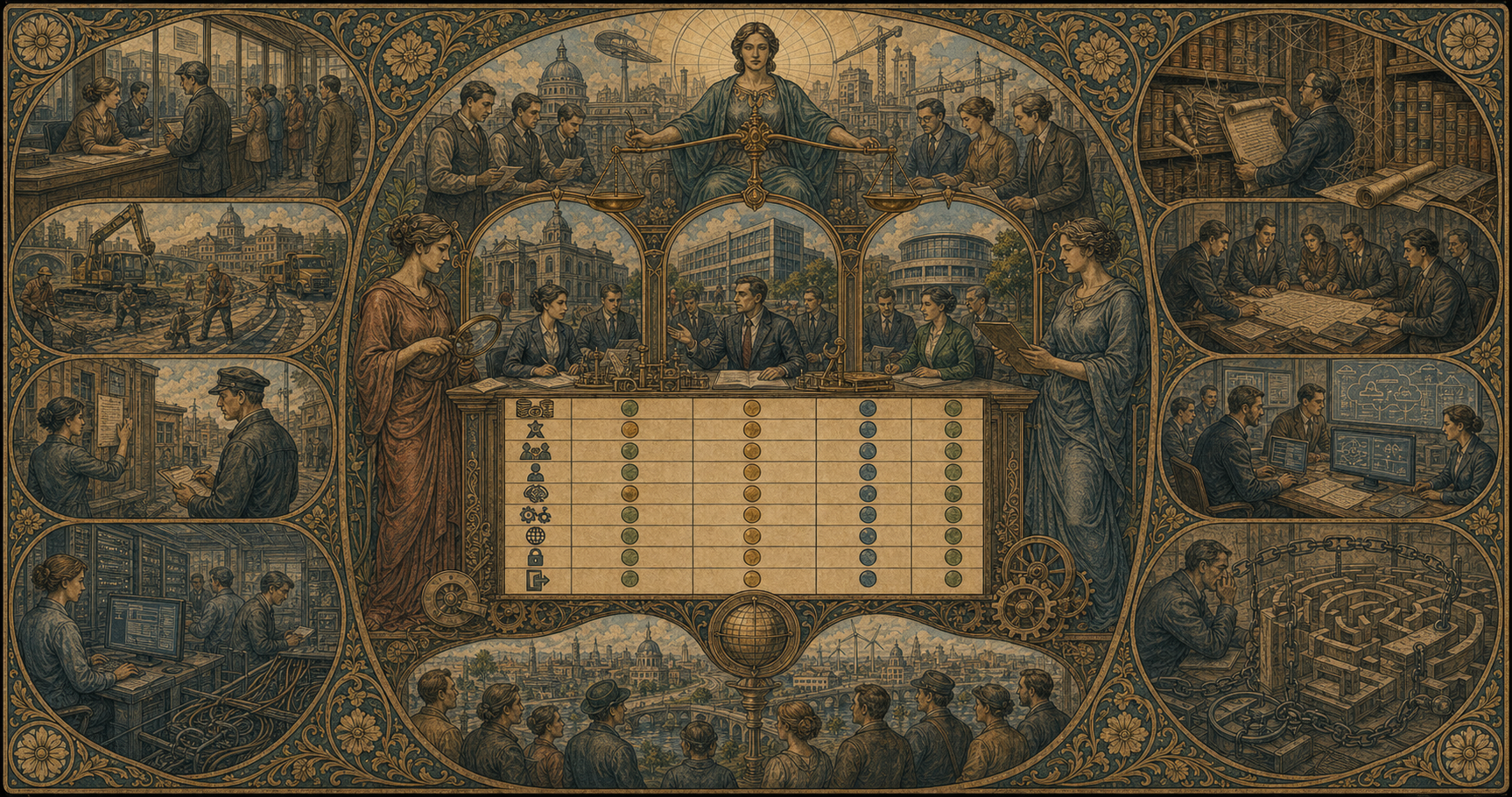 An Art Nouveau allegory comparing an internal department, regional agency, and private contractor through a transparent civic performance review