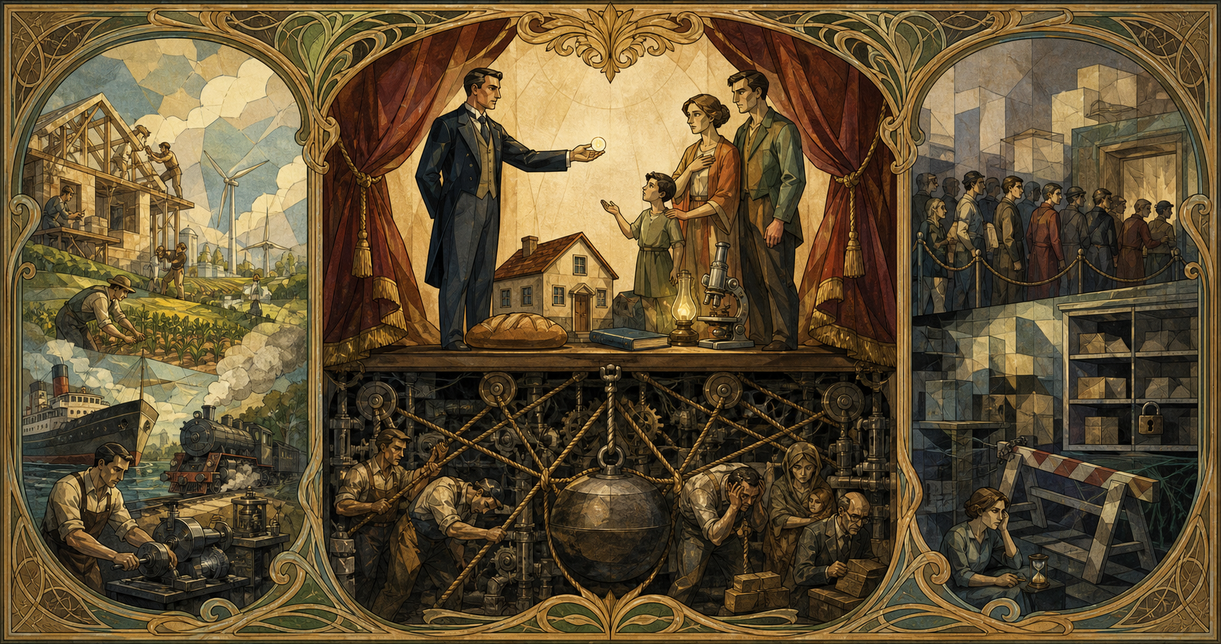 An Art Nouveau allegory showing a small visible payment presented above a hidden mechanism transferring the full cost to workers, taxpayers, and future households