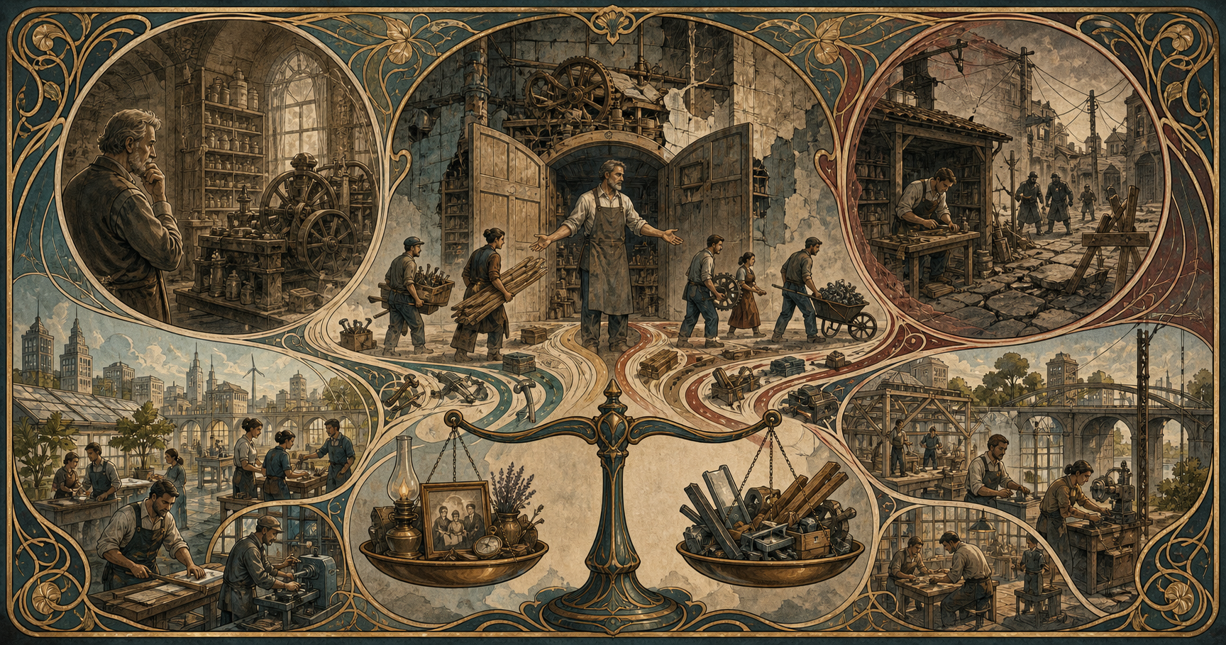 An Art Nouveau allegory of an obsolete workshop releasing workers, tools, materials, and capital toward healthier new enterprises