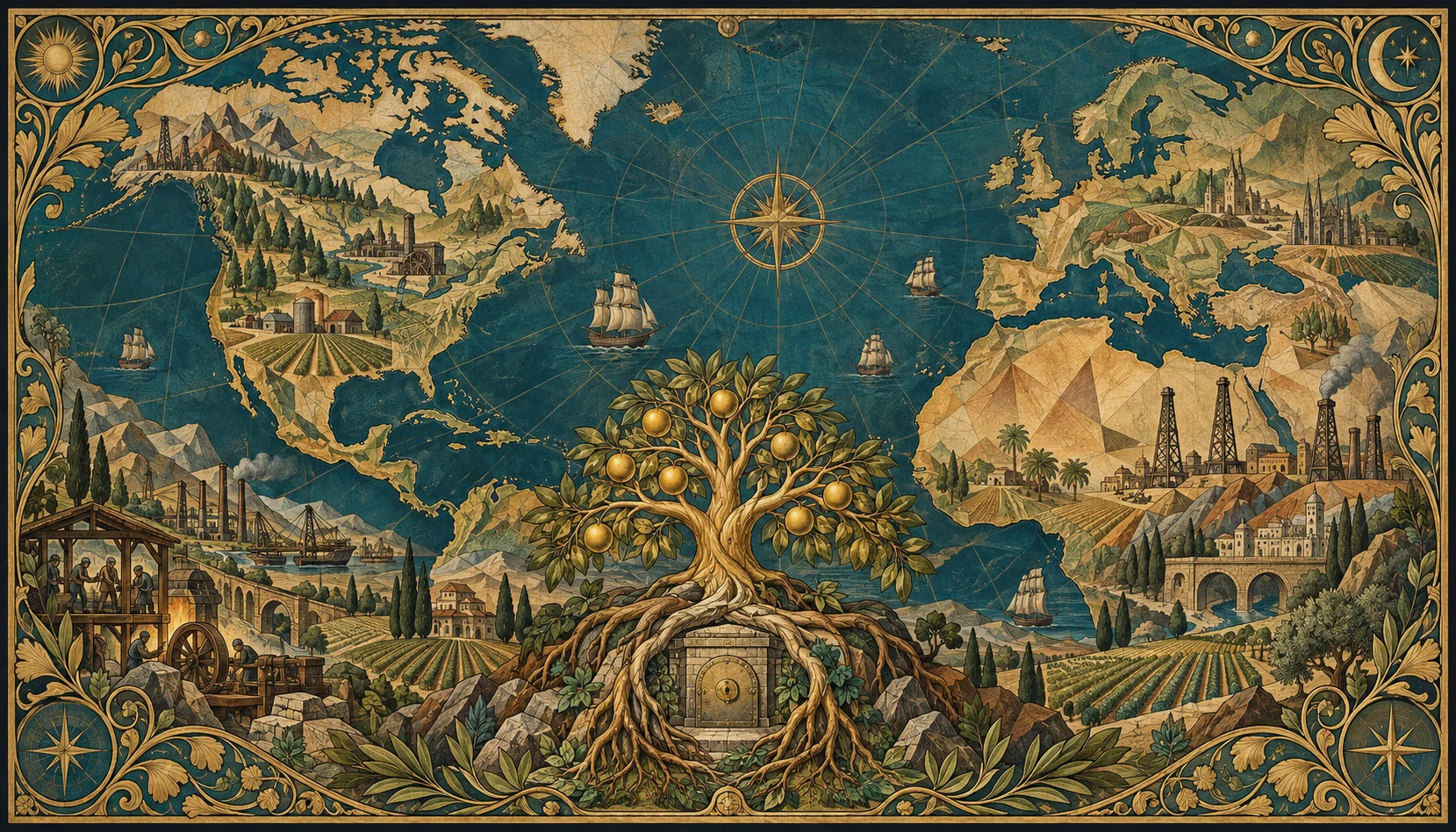 An antique world map framed in gold Art Nouveau filigree, with faceted landscapes, farms, industry, and a golden fruit tree rooted around a protected treasury