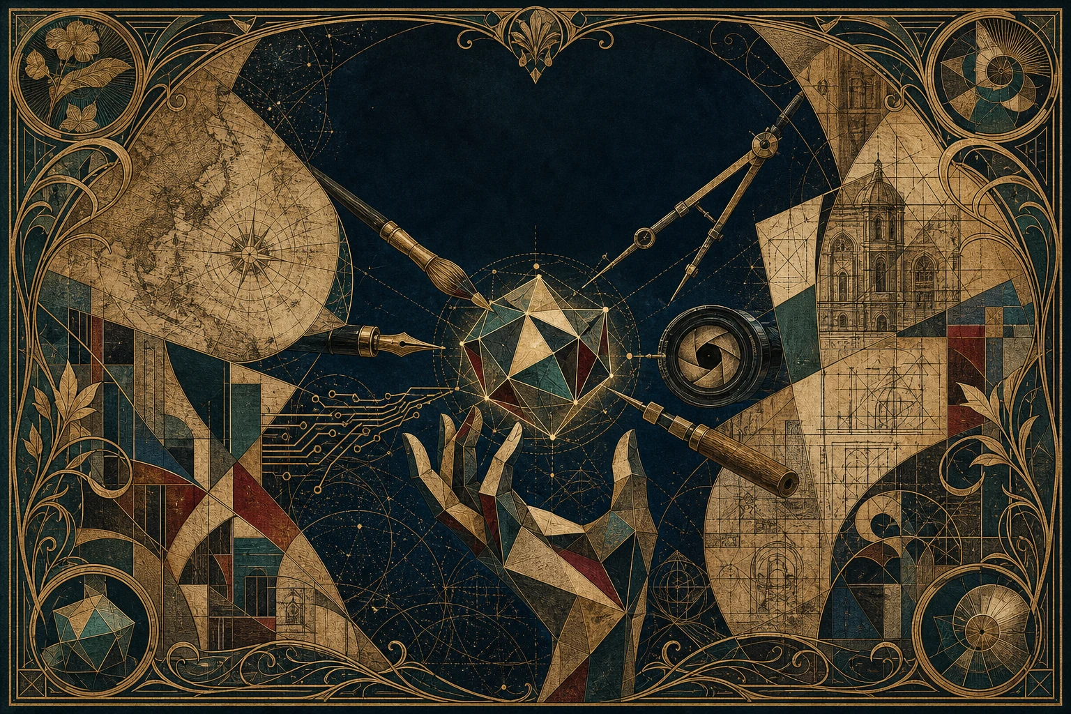 Ornamental cartographic illustration of artistic tools, geometry, architecture, and ideas taking form