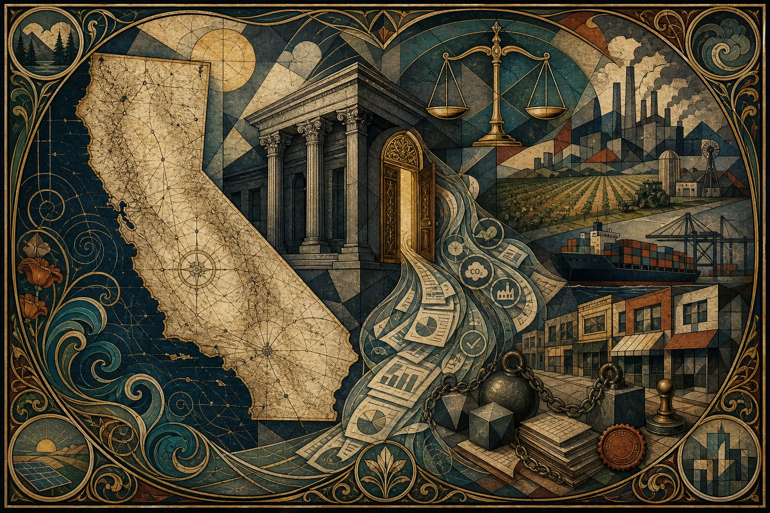 California climate policy represented through corporate reporting and ESG compliance imagery