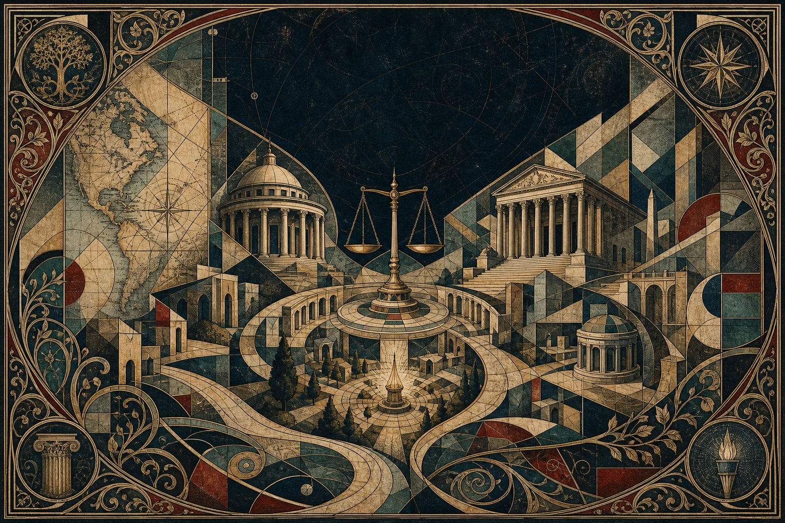 Ornamental cartographic illustration of civic institutions, law, liberty, and political order