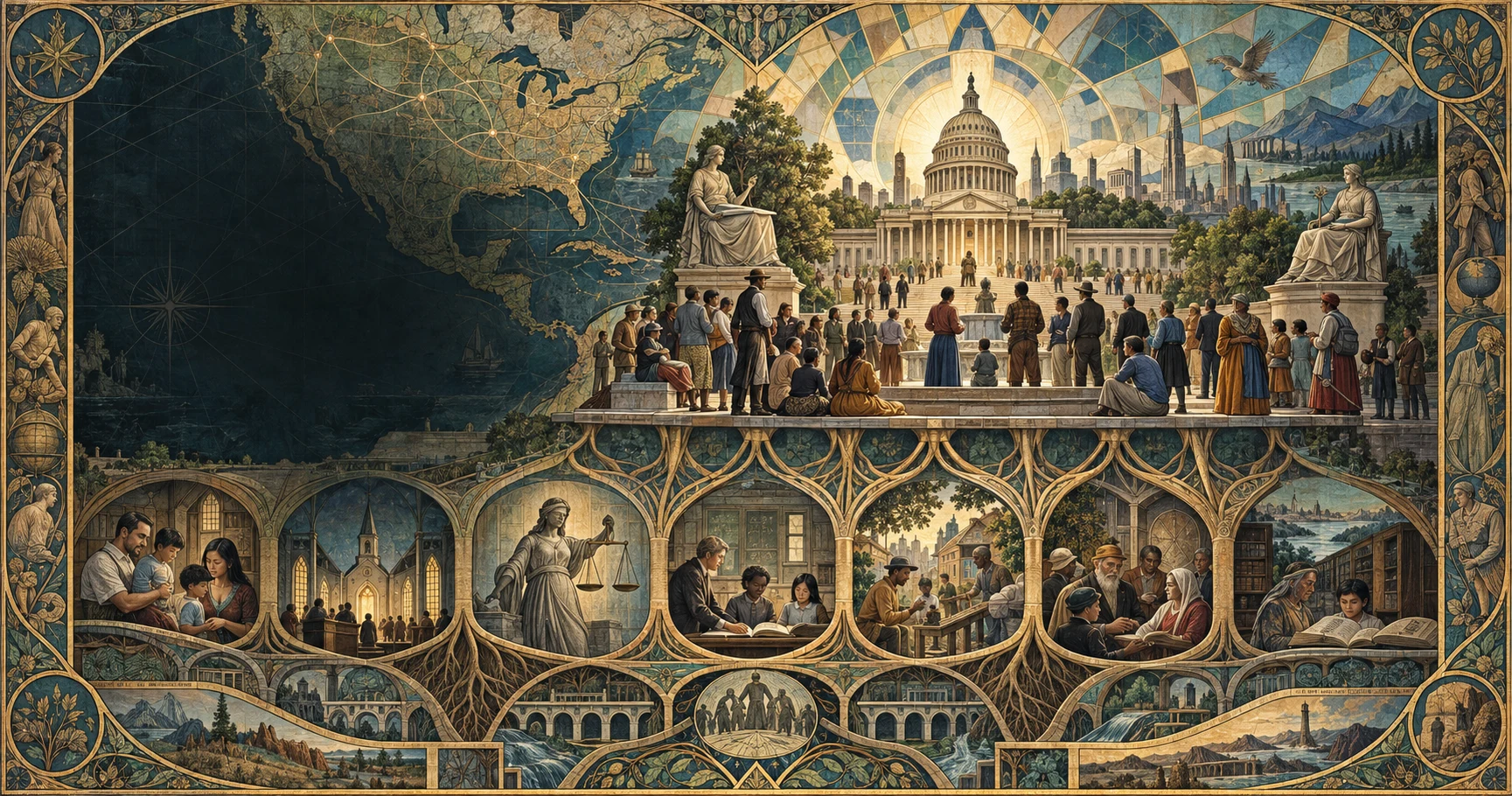 An ornamental civic allegory showing diverse citizens gathered above foundations of family, faith, law, education, neighborhood life, and shared national memory