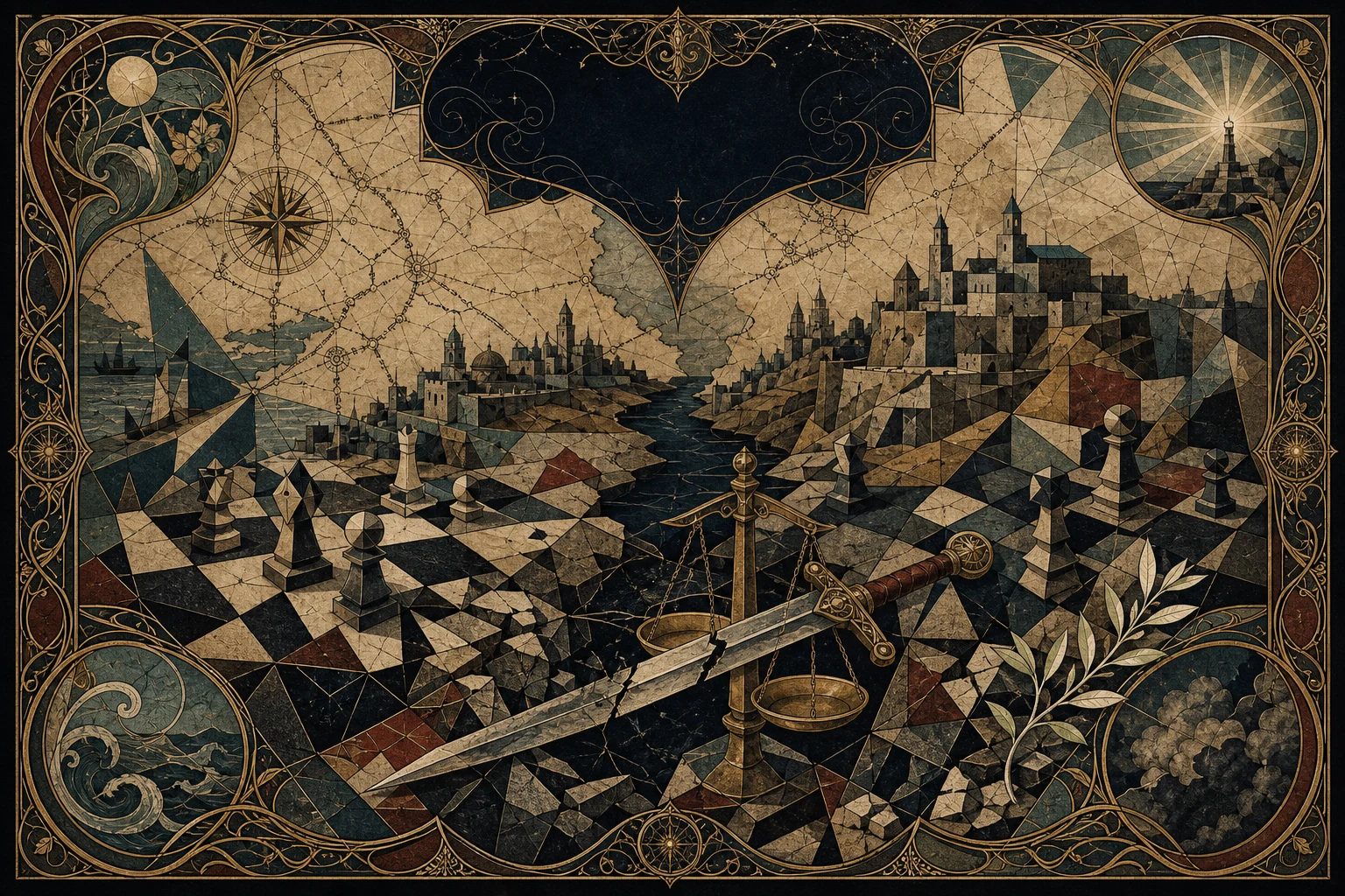 Ornamental campaign map with divided cities, a broken sword, scales, and an olive branch