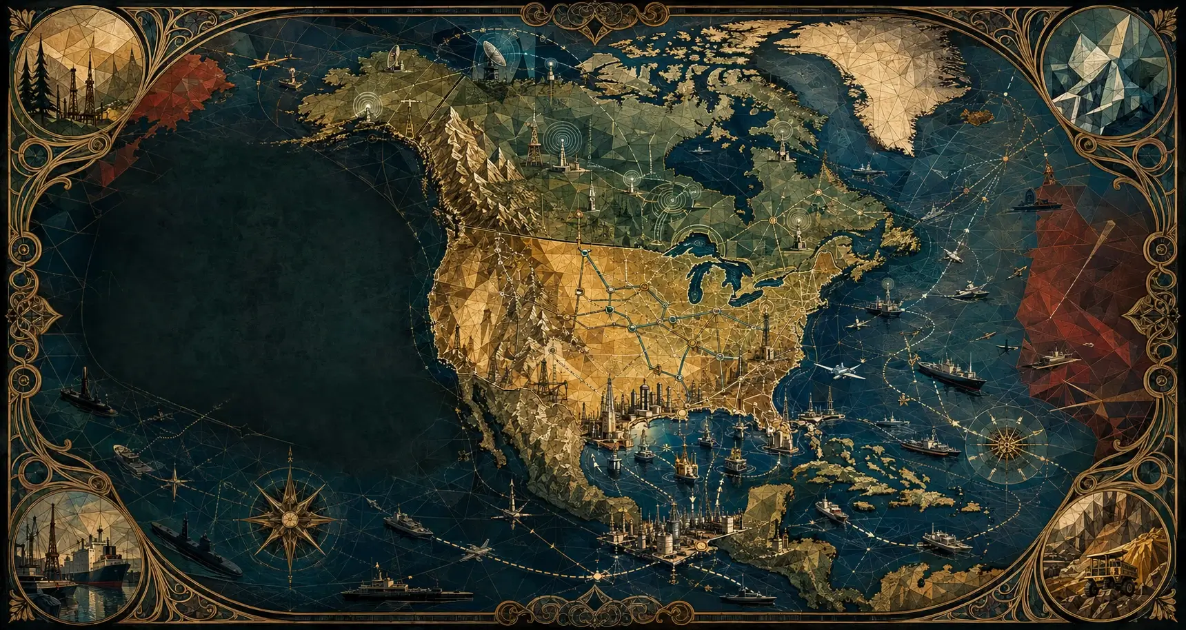 An ornamental old-world map of North America showing the Gulf, Great Lakes, Arctic, ports, energy systems, shipping routes, radar, and strategic approaches